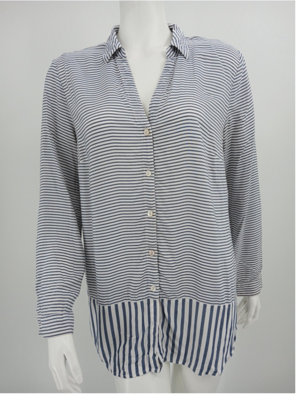 J. Jill Womens M Button Front Tunic Top Blue Mixed Striped Rayon Career Casual
